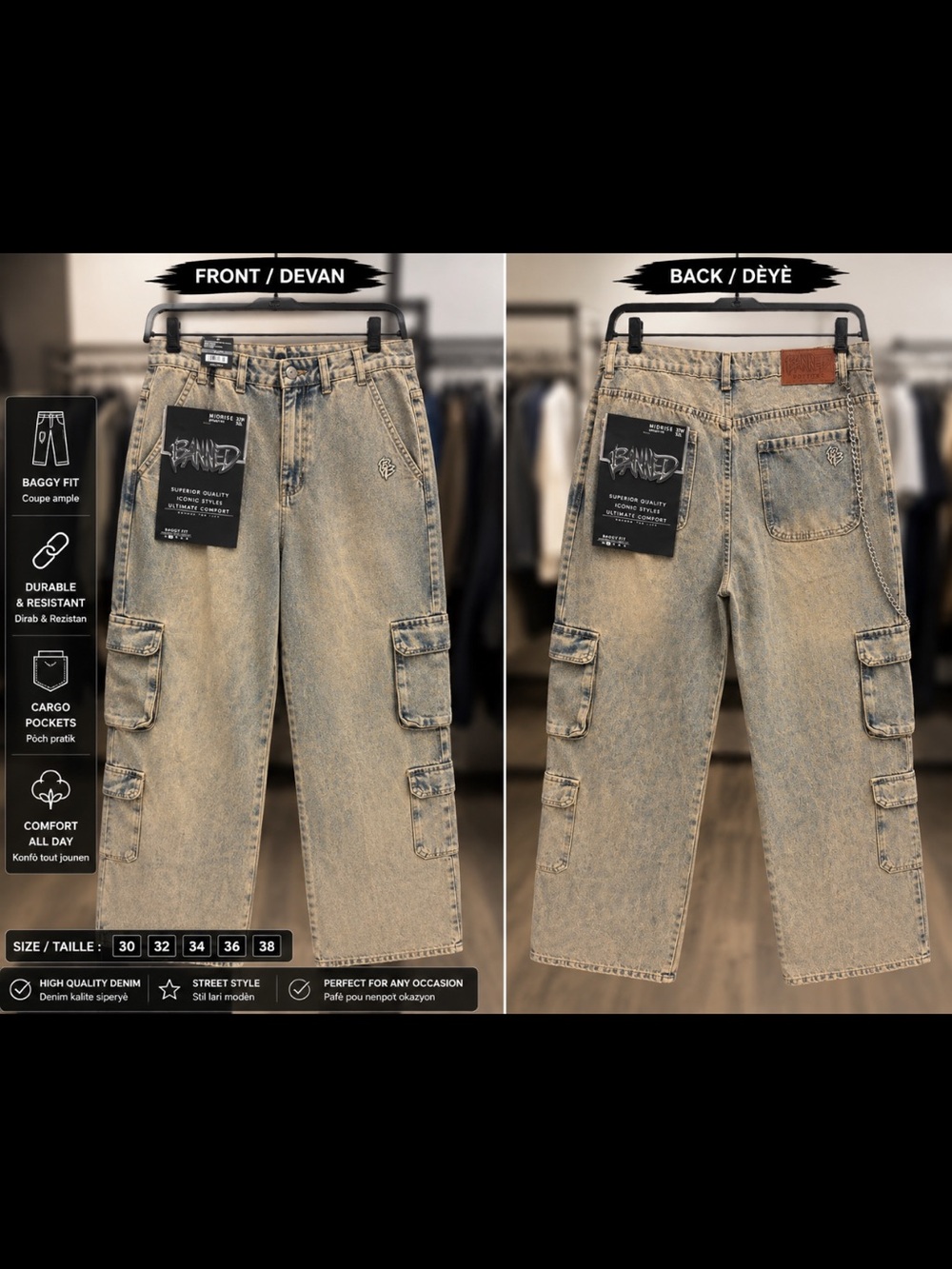 Baggy Fit Men's Cargo Jeans - Washed Light Blue